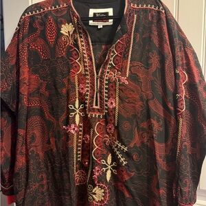 Johnny Was Biya Belinda Black Tunic with Red Embroidery with pockets. 100% silk